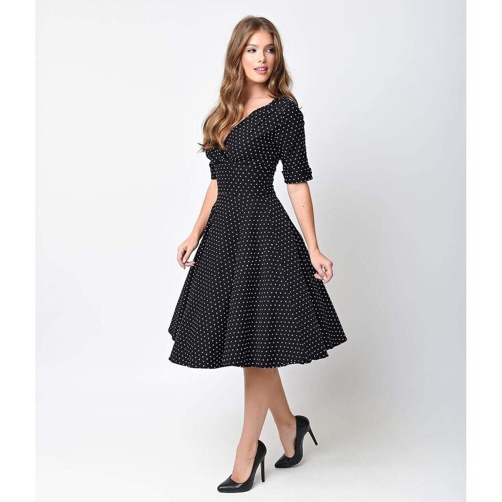 Unique Vintage Polka Dot Structured Midi 50s Style Dress